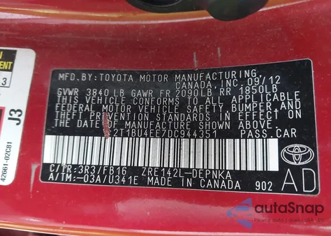 2013 Toyota Corolla Le z USA, uszkodzony, nr VIN 2T1BU4EE7DC944351